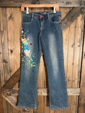 Blue Flared Jeans with Colorful Peacock Embroidery